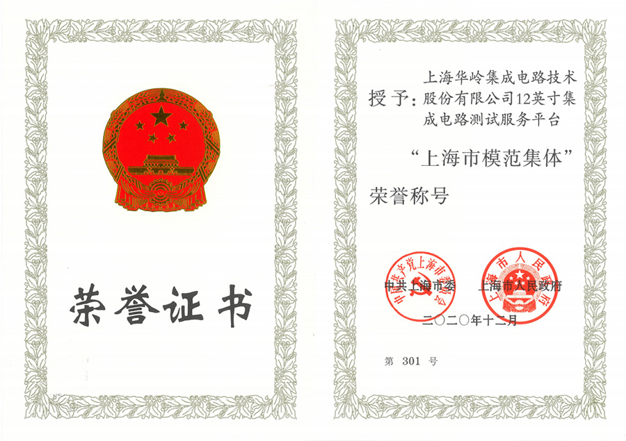 2020年上海市模范集体荣誉证书